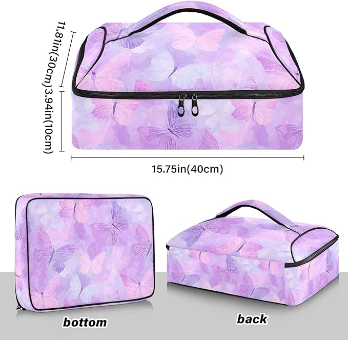 Casserole Carrier Cute Pattern Butterfly PurpleInsulated Casserole Carrier for Hot or Cold Food Thermal Lunch Tote for Potluck Parties Picnic Beach Fits 9 x 13 Inches Baking Dish