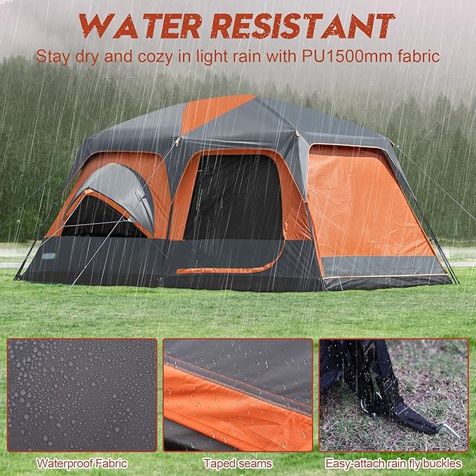 8–10-12 Person Camping Tent 2 Room Family Tent with Zippered Divider Porch Rainfly Extra Large Waterproof Cabin Tent with 3 Mesh Doors &amp Windows Easy Setup 7.1 ft Tall Tent for Outdoor Campin