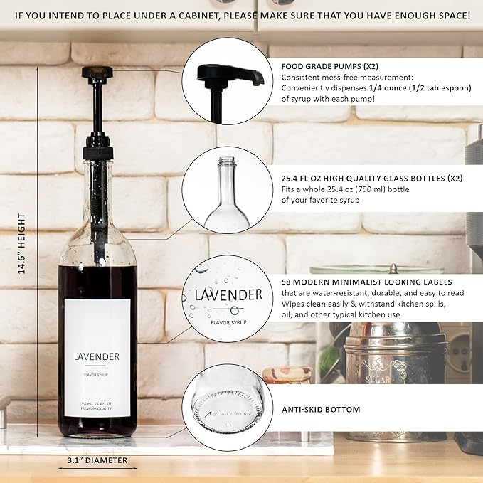 Demi's Home 25.4 oz 750 ml Glass Coffee Syrup Dispenser for Coffee Bar - 2 Pack - Comprehensive Label Set &amp ¼ oz Pumps Included