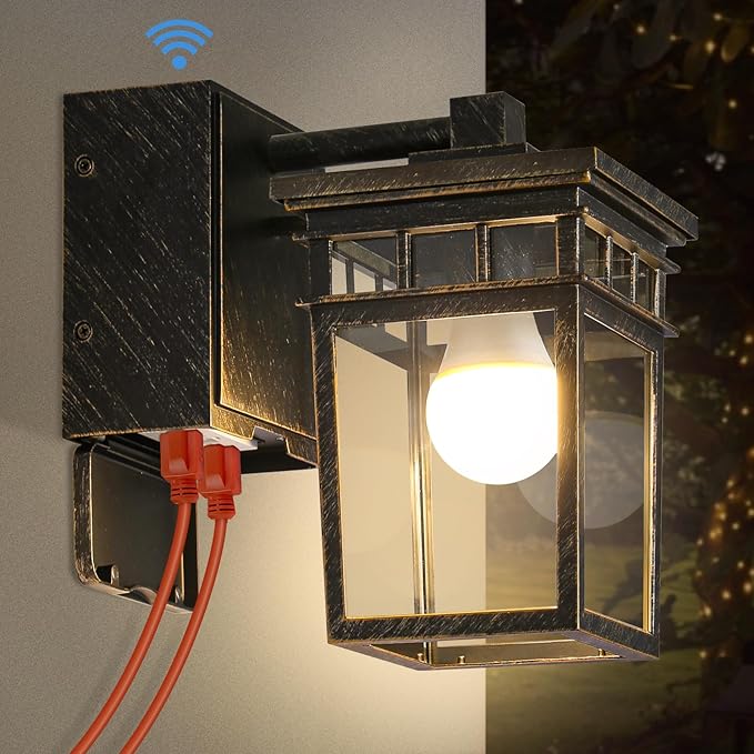 Outdoor Wall Lantern with GFCI Outlet Dusk to Dawn Outdoor Lighting with Clear Glass Shade Waterproof Outside Porch Lights for House Garage Front Door Bulb Included (Black with Brushed Gold)