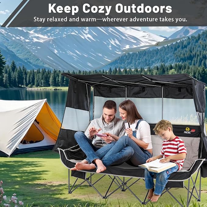 Nice C Heated 3 Person Camping Chair with Canopy Heated Double Camping Chairs with Battery Portable Oversized Padded Sports Umbrella Chair with Shade Cup Holder Cooler Bag for Lawn Outdoors