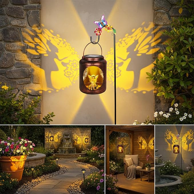 Metal Solar Lantern with Fairy Patterns &amp Resin Fairy Statue Inside Garden Decor Gifts for Women Mom Grandma Hanging Solar Lights Decoration Outside for Yard Patio Porch(Shepherds Hook Included