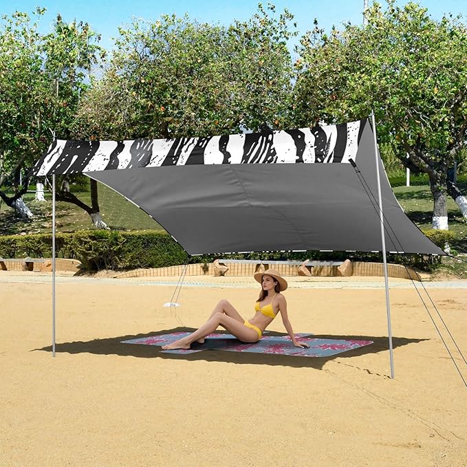 Zebra Stripes Black Beach Tent Sun Shelter 9.2' x 10.5' Beach Canopy with 4 Sandbags 4 Stability Poles Sand Shovels - Tent Canopy for Beach Camping Fishing Picnics