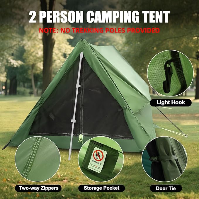 2-Person Trekking Pole Tent for Backpacking - Ultralight 2 Person Backpacking Tent Lightweight Waterproof Two Person A-Frame Hiking Shelter for Outdoor Camping Scouts Trekkers (No Poles)