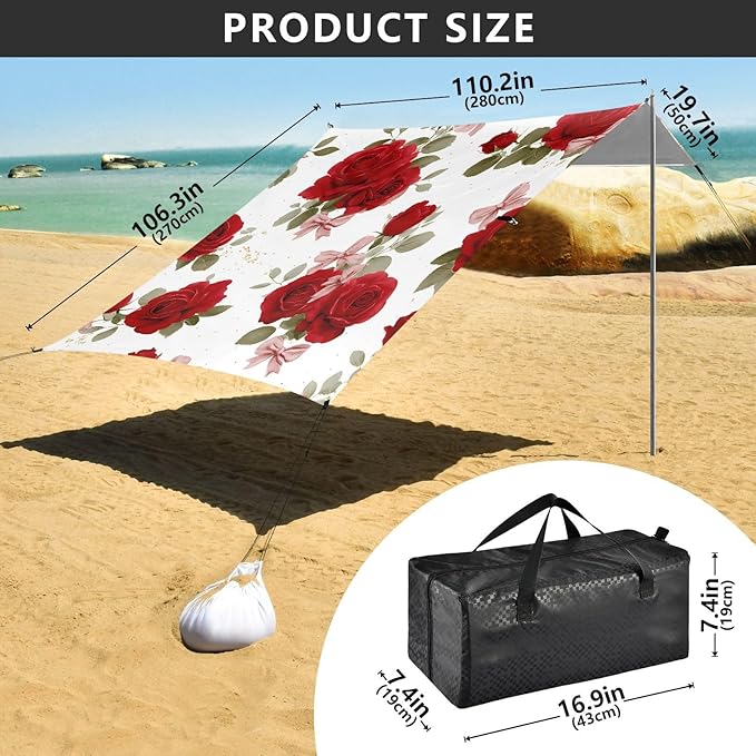 ALAZA Rose Bow Flowers Floral Beach Tent Sun Shelter UPF50+ Protection Beach Shade Canopy w/ 4 Sandbags for Outdoor Camping Fishing Backyard Fun Picnic 10x9 ft