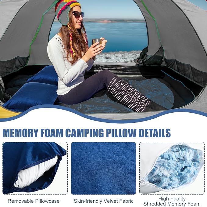 2 Pack Camping Pillow for Sleeping Shredded Memory Foam Travel Pillow with Storage Bag Compressible Portable Pillow for Outdoor Camp Backpacking Hiking Essential Gear(BlueMedium)