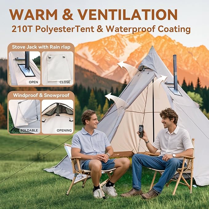 Hot Tent with Stove Jack 4 Season 3-4 Person Tipi Tent for Camping 8.2ft Standing Room with Snow Skirt Cold Weather Shelter for Family Fishing Hiking Hunting Backpacking