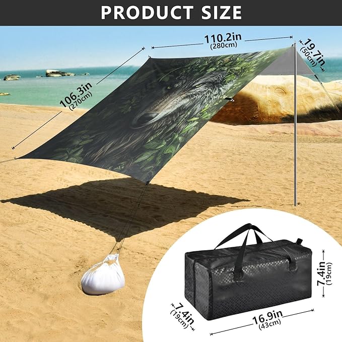 ALAZA Wolf of Forest Beach Tent Sun Shelter UPF50+ Protection Beach Shade Canopy w/ 4 Sandbags for Outdoor Camping Fishing Backyard Fun Picnic 10x9 ft