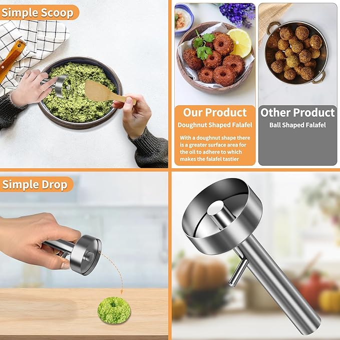 Falafel Scoop With Hole Stainless Steel Professional Falafel Maker Tool Scoop with Spatula Food Safe and Non-Sticky Stainless-Steel Donuts Sharp Syrian Felafel Maker Mold