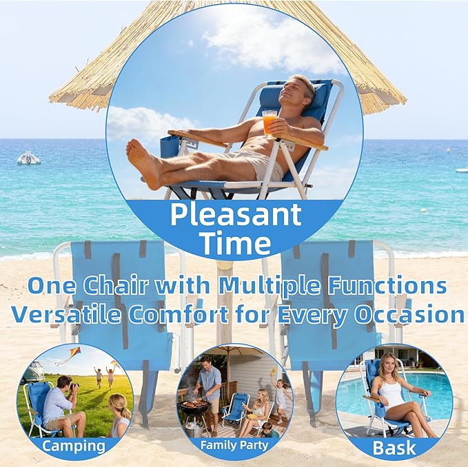 Backpack Beach Chair 4 Position Folding Reclining Lounge Heavy Duty Steel Frame 330 lbs Capacity &amp Wooden Armrests Set of 2 23x21.7x31.5