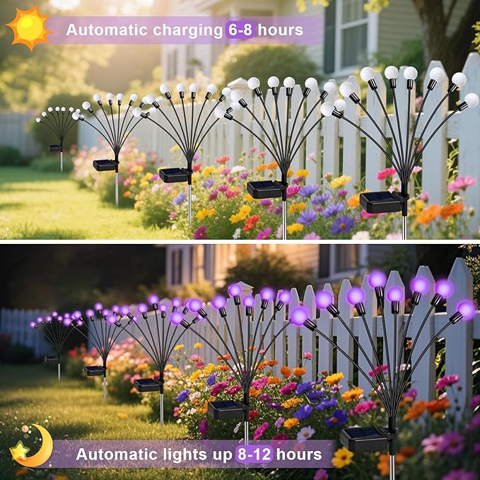 Solar Garden Lights 16 LEDs Purple 2 Pack 8 Heads Outdoor Waterproof Swaying Firefly Lights for Yard Patio Pathway Lawn Decorations