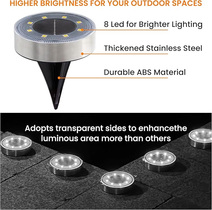 Siatom Stainless Steel Solar Ground Lights 8 Pack IP68 Waterproof Solar In-Ground Light for Outdoor Flat Landscape Lighting Garden Disc Light for Pathway Walkway and Yard - 8 Pcs (Cold White)