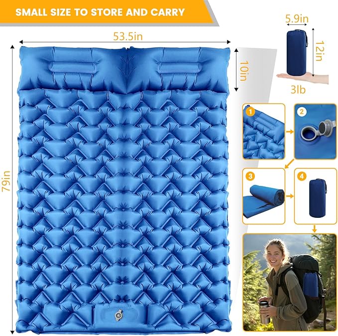 Sleeping Pad for Camping 2 Person Double Camping Pad with Built-in Foot Pump and Pillow Inflatable 4in Extra-Thick Ultralight Air Mattress for Backpacking Hiking Travel Tent Car Gift