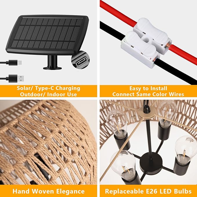 Outdoor Solar Chandelier 4-Light 19 Rattan Outdoor Chandelier Hanging Pendant Lights Waterproof for Gazebo Pergola Porch Patio