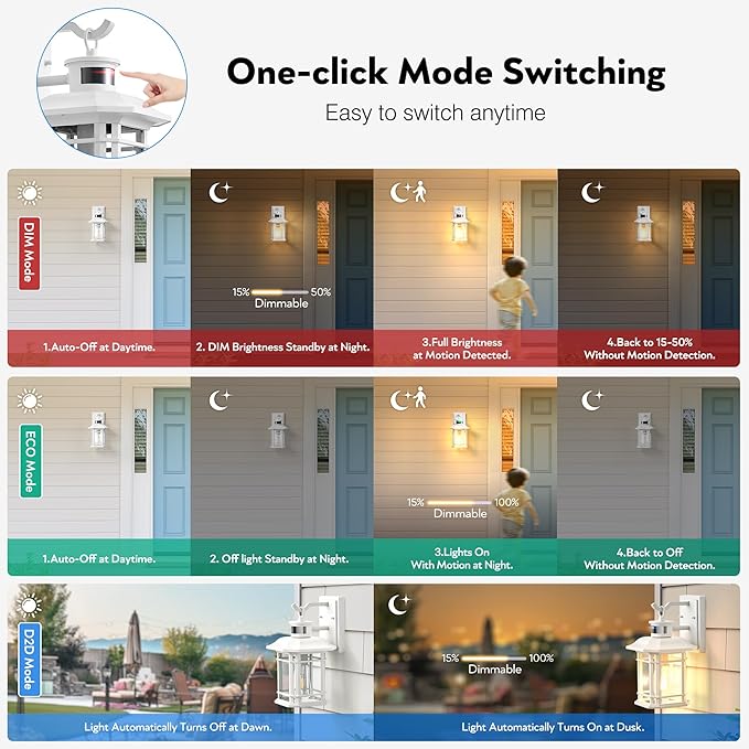 VIANIS Outdoor Motion Lights for House 2-Pack Dusk to Dawn Outdoor Lanterns for Front Porch Waterproof Anti-Rust Aluminum Exterior Wall Sconce with Tempered Water Glass for Garage Entrance Entryway