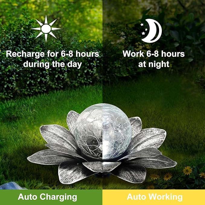 LEWIS&ampWAYNE Solar Garden Lights Outdoor 3 Pcs Silver Gray Lotus Flower Pathway Lamps with Cool White Crackle Glass Globe Led Lights for Patio Pathway Yard Balcony Garden Decorations