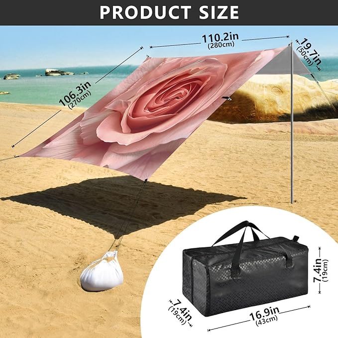 ALAZA Pink Rose Flower Beach Tent Sun Shelter UPF50+ Protection Beach Shade Canopy w/ 4 Sandbags for Outdoor Camping Fishing Backyard Fun Picnic 10x9 ft