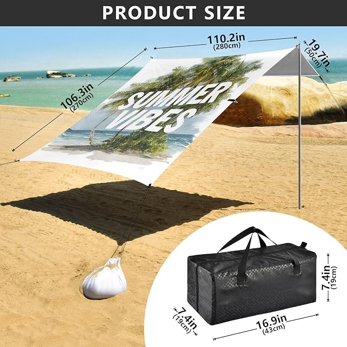 Bolaz Beach Canopy Tent Sun Shade9'×10.5' Large Family Beach Shade UPF50+- Outdoor Shade for Camping Trips FishingSummer Times9