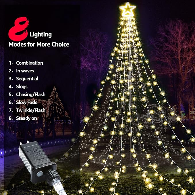 BlcTec Outdoor Christmas Decorations 317 LED Christmas Lights with 9 Strands 11.9ft Waterfall Christmas Tree Lights 8 Modes Waterproof Topper Star &amp Timer for Yard Patio Xmas Décor Warm White