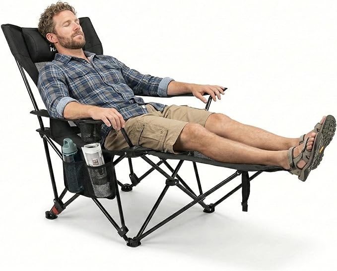 HASIKA Reclining Camping Chair with Footrest Ultra-Lightweight Portable Folding Lounge Chair for Outdoor Hiking Picnic Beach 4-Position Adjustable Back Support with Headrest &amp Carry Bag Black