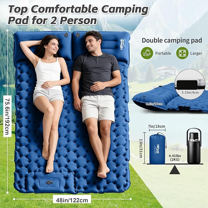 HiiPeak Double Sleeping Pad for Camping - Ultralight Camping Mattress with Pillow Built-in Foot Pump Compact Inflatable 2-Person Portable Mat for Backpacking Hiking Car Traveling Beach Tent