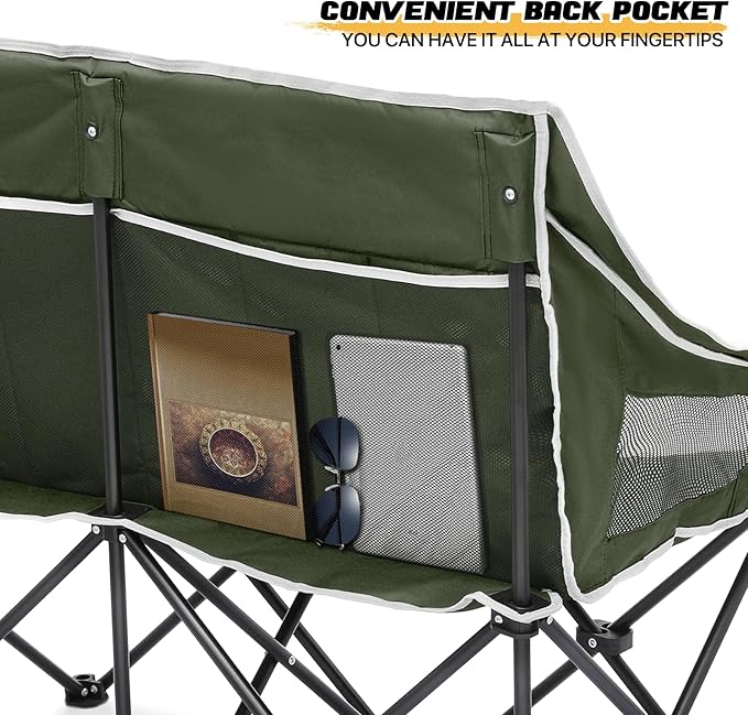 MoNiBloom Collapsible Double Camping Loveseat Chair Outdoor Beach Lawn Picnic Hiking Travel Portable Foldable Collapsible 2-Person Love Seat Camp Chair for Adults (Dark Green and Light Gray)