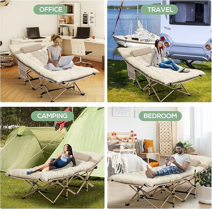 2 Pack Wide Folding Camping Cots with Pillow &amp Extra Thick 3 Inch Matress Cots for Sleeping 900 LBS Camping Bed for Adults with Cushion Sleeping Cot (Cream)