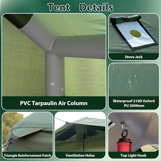 Inflatable Camping Tent with Hand Pump Waterproof Outdoor Blow up Tent 2-8 Person Oxford 4 Season Glamping Air Tent Cabin House with Mesh Windows &amp Door