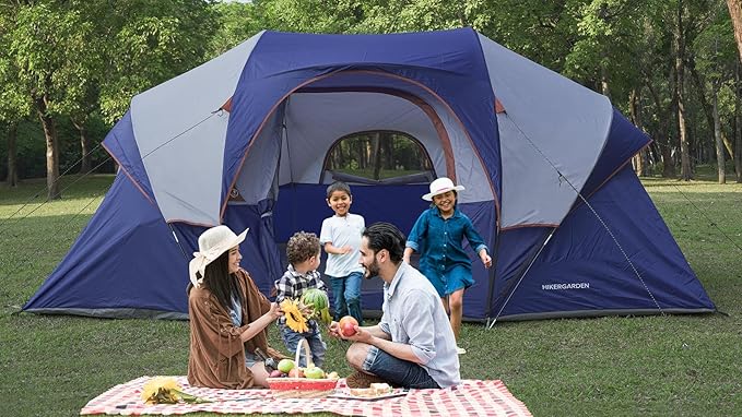 HIKERGARDEN 10 Person Camping Tent - Portable Easy Set Up Family Tent for Camp Windproof Fabric Dome Tent Outdoor for Hiking Backpacking Traveling-14'x11'x74in(H)