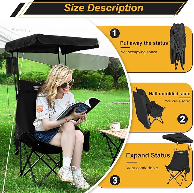 YOUNG WOOD Portable Camping Chair Beach Chair with Shade Canopy Fold Lightweight Oversized for All Easy to Open and Close Without Installation Side Pocket Design for All Outdoor Activities2p