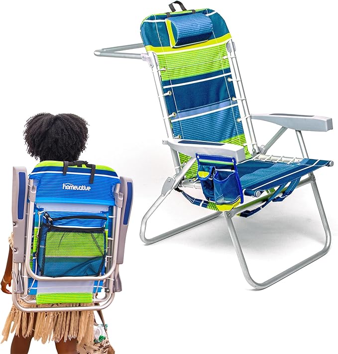 Homevative Backpack Fold-Up Beach Chair 5 Positions Towel bar Cooler Storage Pouch Cup Holder and Phone Pocket