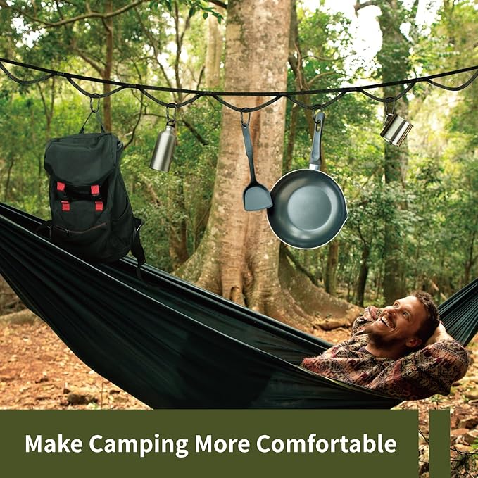 Camping Storage Strap Organizer for Campsite Backyard Garage Cam Buckle Strap with 15 Loops and 10 Carabiners RV Camping Tent Hanging Gear (Camo)