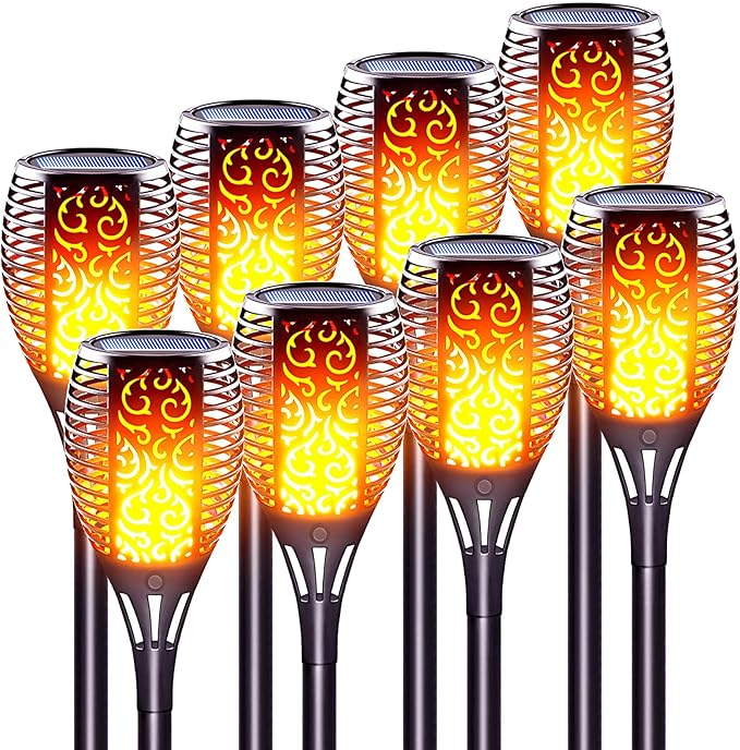 Large Size Solar Torch Light with Flickering Flame Fire Effect Garden Lights Outdoor IP65 Waterproof Tiki Torches for Pathway Yard Decor Auto On/Off - Landscape Lighting (8 Pack)