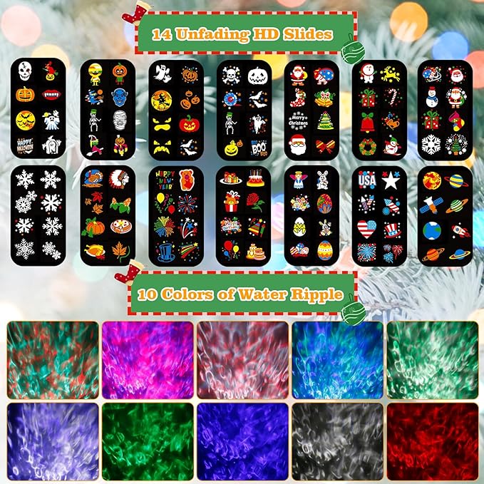 Halloween Christmas Projector Lights Outdoor Brighter 14 HD Slides (3D Ocean Wave+Patterns) Waterproof Outdoor Indoor Holiday Projector Lights for Yard Garden Light Show Xmas Halloween Decorations