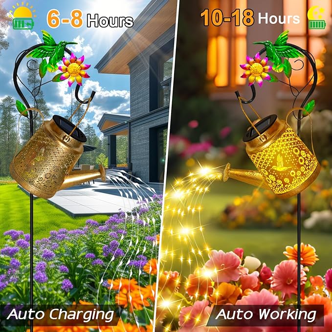 Hummingbird Solar Lanterns Garden Decor Outdoor Waterproof Watering Can with Shepherd Hook Solar Garden Decor for Yard Outdoor Landscape Pathway Gifts for Women Mom Grandma Birthday Christmas Gifts
