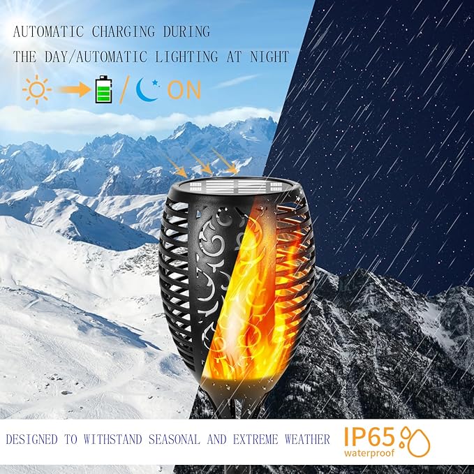 I-SHUNFA 96 LED Outdoor Waterproof Solar Torch Lights with 3 Modes—Flickering Flame Fade Effect or Full Brightness Automatic On/Off Landscape Decorations and Security Lights (4 Warm)