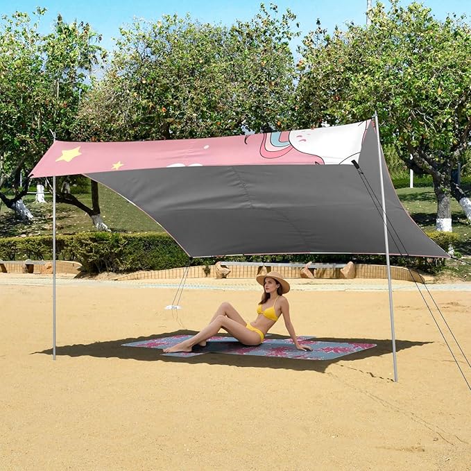 Cartoon Cute Unicorn Camping Sun Shelter Beach Tent Portable Beach Sun Shade Outdoor Canopy for Camping Trips Fishing Picnic