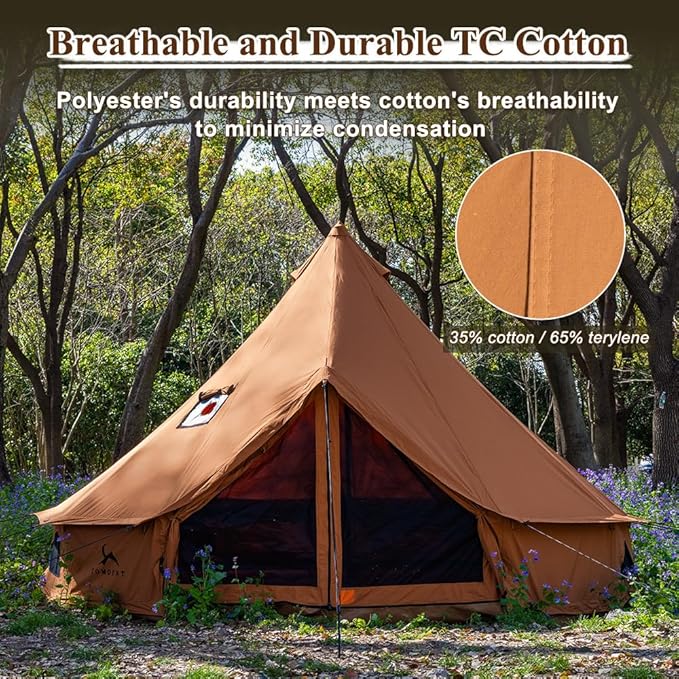 TOMOUNT Canvas Bell Tent with Stove Jack 4-6 Person Use with 360° Ventilated Mesh Dia13.1FT for Family Camping Glamping Yurt Tent 4 Seasons