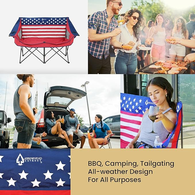 ARROWHEAD OUTDOOR 2-Pack Portable Folding Camp Loveseat Chair w/Glass &amp Cup Holders Heavy Duty Carry Bag 650 lbs Weight Capacity