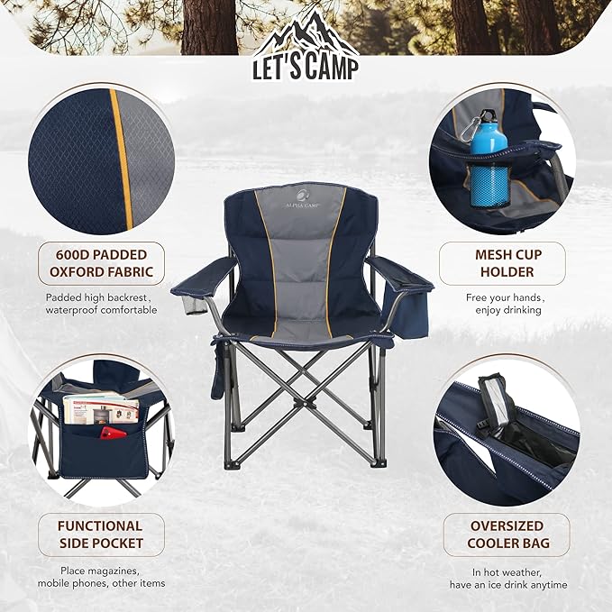ALPHA CAMP Folding Camping Chair Oversized Heavy Duty Padded Outdoor Chair with Cup Holder Storage and Cooler Bag 450 LBS Weight Capacity Thicken 600D Oxford Blue