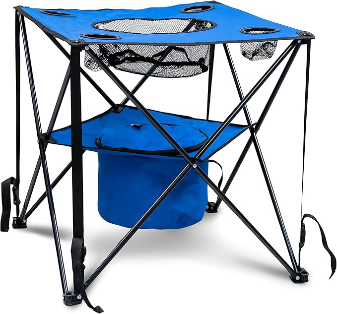 Collapsible Folding Camping Table with Insulated Cooler Cup Holder Mesh Food Basket &amp Travel Bag Blue