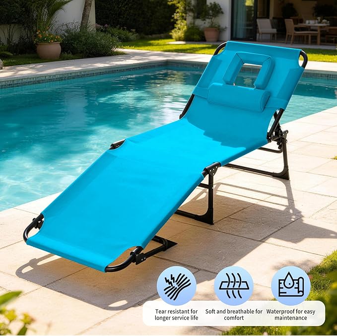 Tanning Chair with Face Hole Folding Beach Lounge Chair5-Position Adjustable Backrest Pillow &amp Side PocketPortable Face Down Chaise Lounge for Outdoor Backyard PoolsideBeach PatioBlue