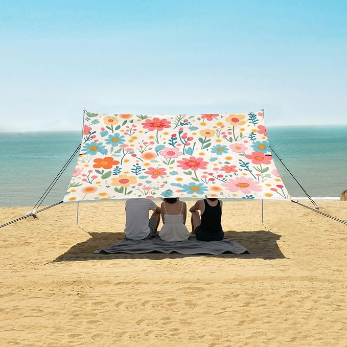 Cute Small Flowers Beach Tent Sun Shelter 9.2' x 10.5' Beach Canopy with 4 Sandbags 4 Stability Poles Sand Shovels - Tent Canopy for Beach Camping Fishing Picnics