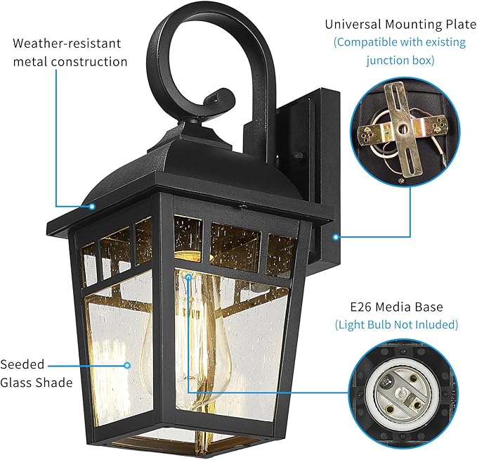 Front Porch Lights Outdoor Wall Lights Exterior Wall Sconce Matte Black Exterior Light Fixtures Waterproof Farmhouse Outdoor Lighting Fixtures for House Garage Porch Patio 2 Pack