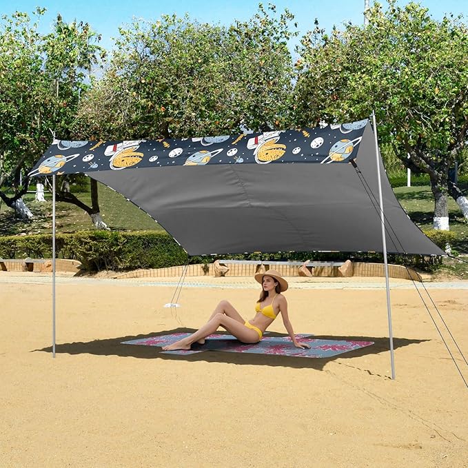 Camping Sun Shelters Astronaut Dinosaur Stars Planet in Space Beach Canopy 126 * 110.2in