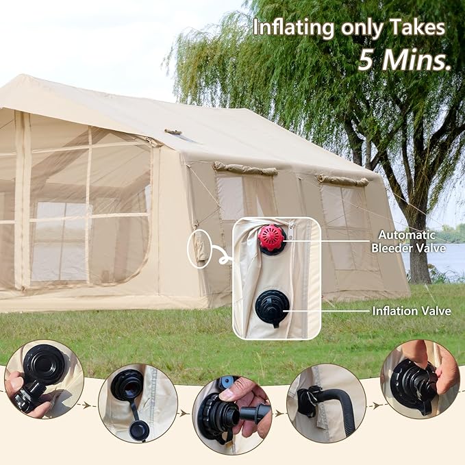 Oxford Inflatable Tent for Camping with Hand Pump 4 Season Glamping Tents with Stove Jack for 8-12 Person Waterproof Outdoor Party Camping Festival