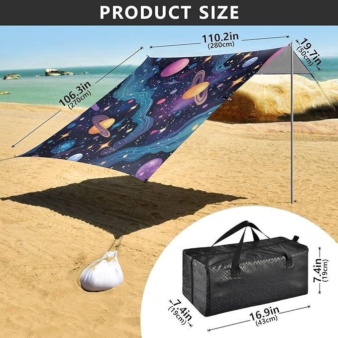 Cartoon Galaxy Beach Tent Sun Shelter 9.2' x 10.5' Beach Canopy with 4 Sandbags 4 Stability Poles Sand Shovels - Tent Canopy for Beach Camping Fishing Picnics