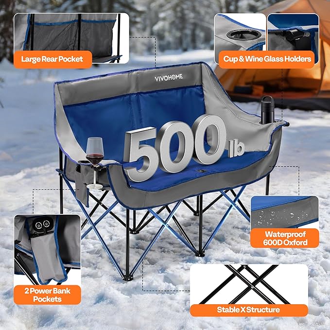 VIVOHOME 45W Padded Heating Double Camping Chair with 2 x 27000mAh Power Bank Heated Oversized Portable Loveseat for Outdoor Sports 3 Levels of Heat Overheat Protection System Navy Blue and Gray