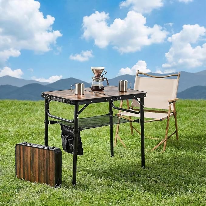 Small Folding Camping Table 2ft Portable Picnic Table Aluminum 24 x 16 Folding Table 3 Adjustable Heights Portable Lightweight Table Dining Table for RV Picnic Beach (Wood Grain)