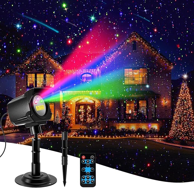 Christmas Projector Lights Outdoor Thick Metal Housing Laser Light Projector RGB 3 Colors Christmas Decorations Twinkles Moving Light Show Holiday Projector for House/Garden/Party/Wedding